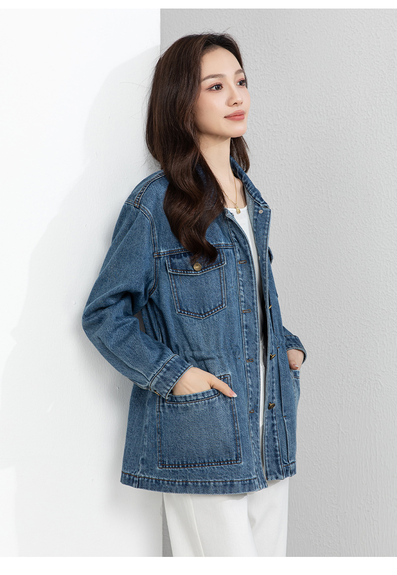 Áo khoác denim dáng dài phong cách workwear Mỹ cổ điển, form rộng thoải mái — xanh lam chi tiết 16