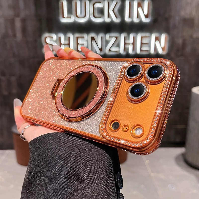 Suitable for Iphone16 Mobile Phone Case Magnetic Mirror Holder Apple 17Promax Protective Cover 1514 Electroplated Edge Drill