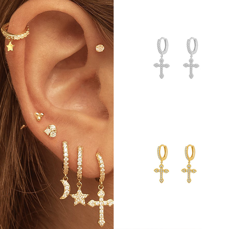 6g Weight Zircon Inlay Material New Style Copper Inlaid Zircon Gold Plated Cross Pendant Earrings