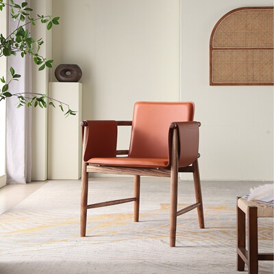 实木马鞍皮餐椅家用休闲椅简约靠背椅进口白蜡木餐厅会议洽谈椅子|ru