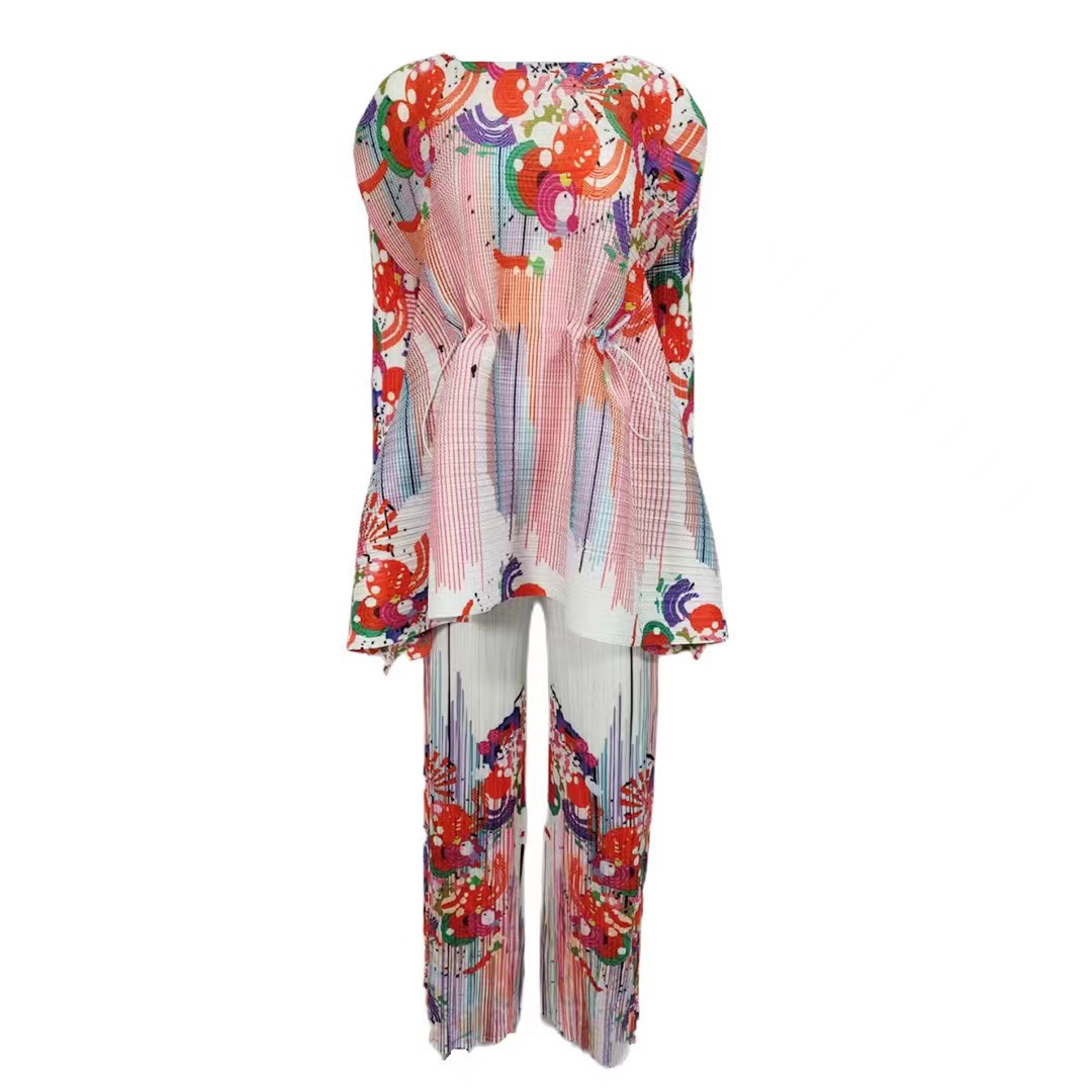 Women's Clothing fashion print pleated drawstring top trousers _voghion.com