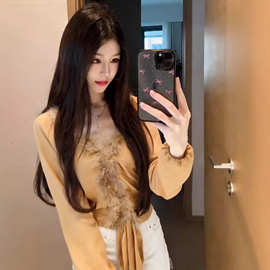 TZ7305轻奢贵气富家千金感毛边拼接长袖上衣女绝美收腰显瘦雪纺衫