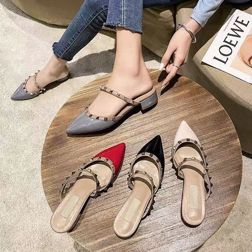Women's White Mesh Net Slip-On Sandals with Rivets, Pointed Toe, Flat Thick Heel, One-Piece Summer Slides, New Arrival