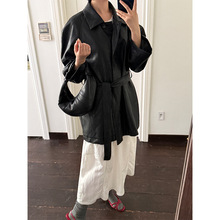 衣夫 中长款皮衣女2025秋季高级感宽松系带收腰pu皮风衣外套23535
