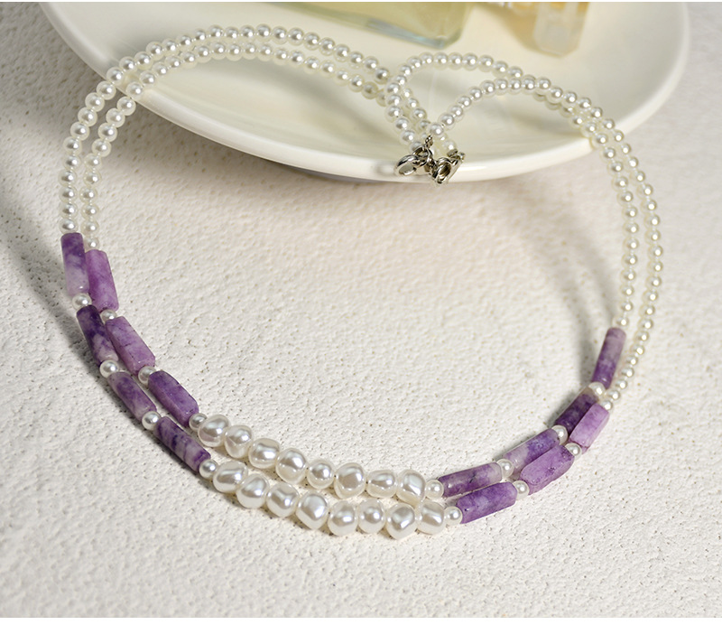 Round Pearl Purple Semi-Precious Stone Beaded Clavicle Chain Necklace Handmade Womenu0027s Ornament 