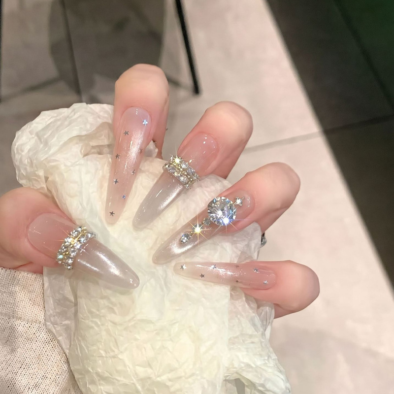 Daisyson [Star Dream] Summer Ice Transparent Nude Cat Eye French Manicure with Sparkling K9 Diamond Wearable Nail Tips