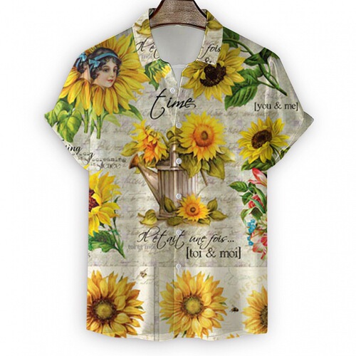 Summer Men's Beach Shirts 3D Digital Sunflower Print Short Sleeve Top Flower Casual Blouse