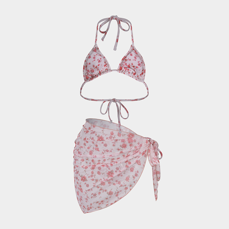 36g Weight Sleeveless Sleeve Length Polyester Fabric Type 3 Pieces Set Quantity Beach, Swimming Occasion Halter Neck Neckline Slim Fit Type Ditsy Floral Pattern Women's Gender Sexy Style Women's Sexy Ditsy Floral 3 Pieces Set Bikinis Swimwear 34