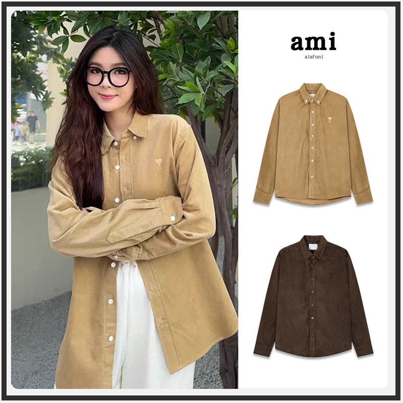 Heavyweight Ami Shirt with Fleece Lining, Long Sleeves, Small Heart Embroidery, 2025 New Model, Cross-Border Loose Fit, Couple Wedding Photo Jacket
