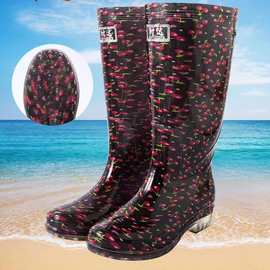 时达厂女士雨鞋樱桃印花水晶底防滑耐磨高筒防水雨鞋劳保工作鞋