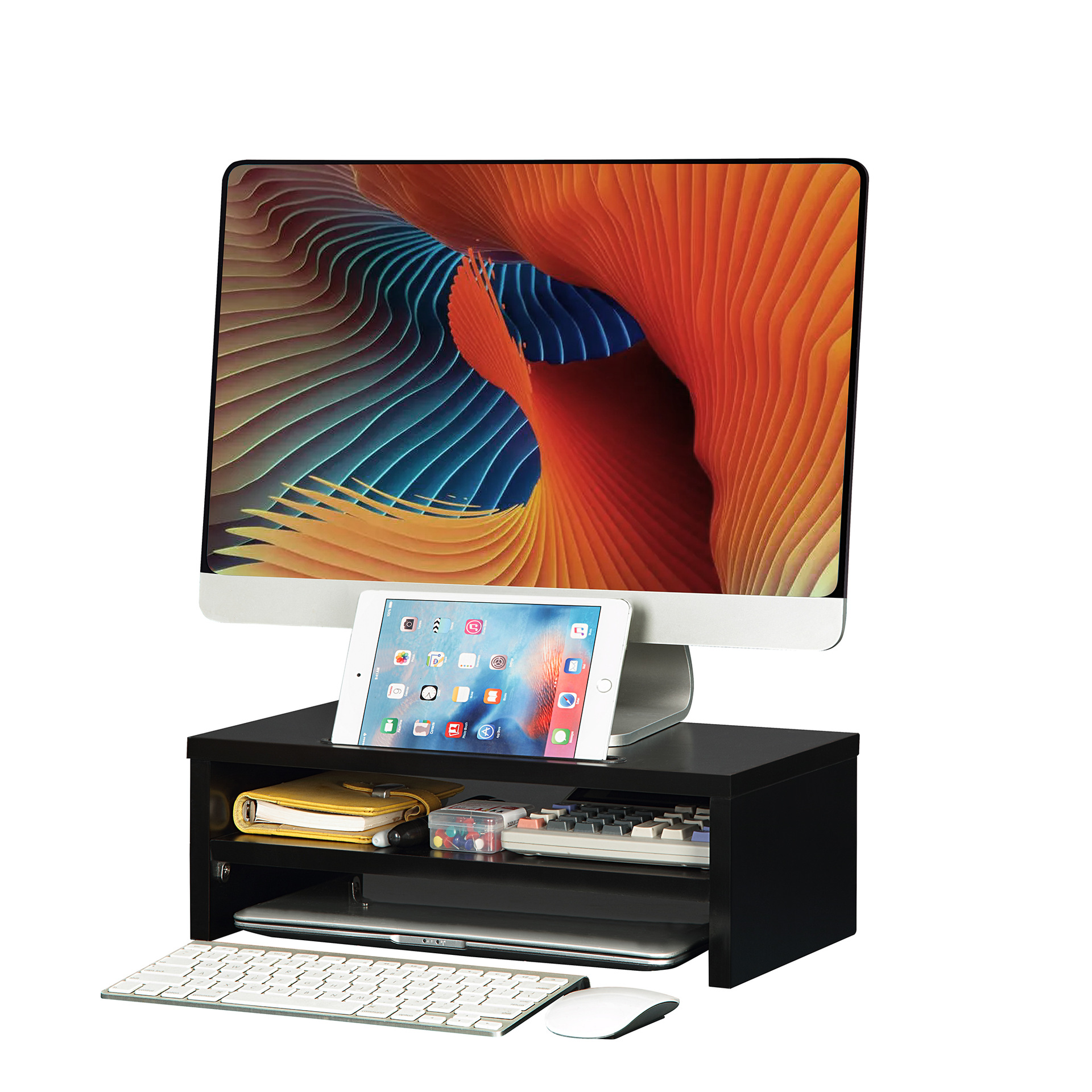Pantalla de computadora de doble capa de elevación base de soporte de sub-escritorio teclado de escritorio organizar almacenamiento de estante de libros