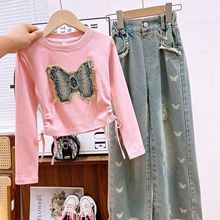 童装批发女童套装春季25新款中大童蝴蝶绣花上衣加牛仔长裤两件套