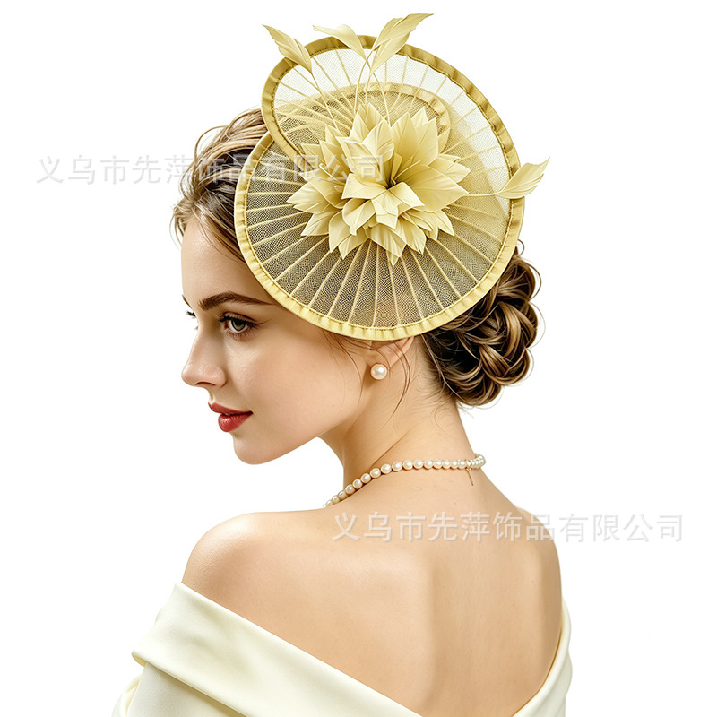 New Amazon Horse Racing Festival Feather Headpiece Flower Headpiece Party Performance Hair Accessory Vintage Mesh Hat
