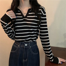 条纹毛衣女学生辣妹秋冬新款chic大码胖mm长袖V领内搭针织衫女春