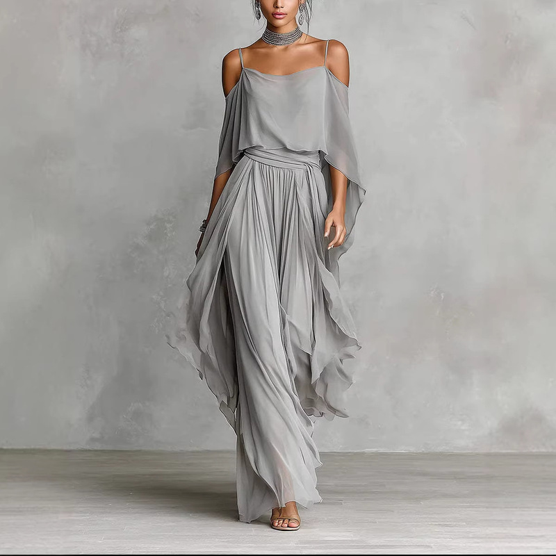 Amazon Independent Site 20206 New Strapless Flowing Blouse Top and Chiffon Asymmetrical Long Pants Set