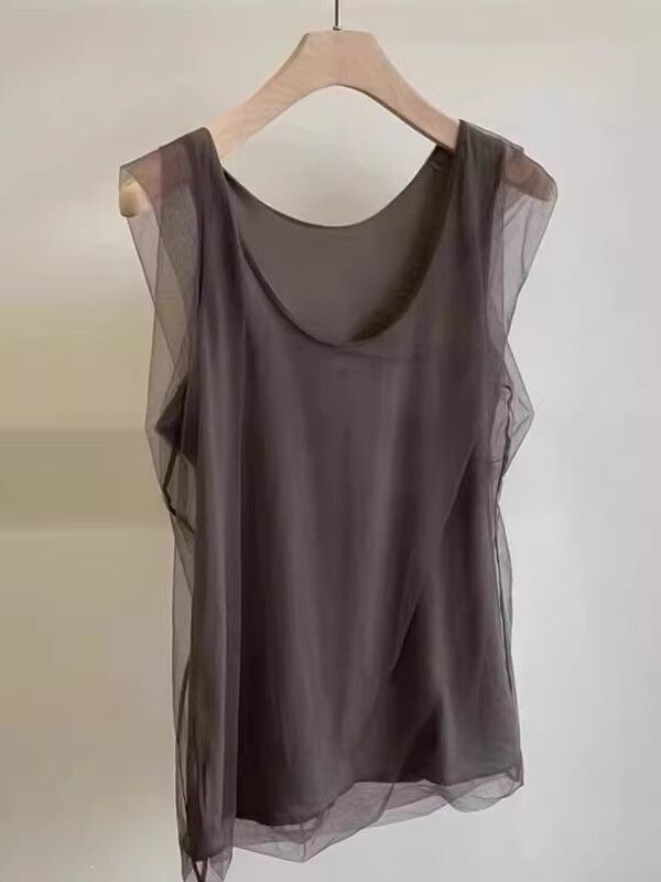 Plus-Size Luxury Vintage Coffee-Colored Mesh Sleeveless Tank Top for Women, Summer Chic and Youthful-Looking Blouse