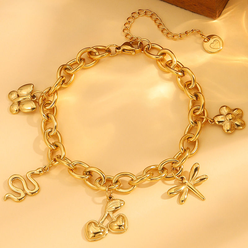 Moda nueva mariposa libélula arena pulsera de oro lujo ligera alta personalidad serpiente dorada cinco hojas flores joyas pulsera de acero titanio