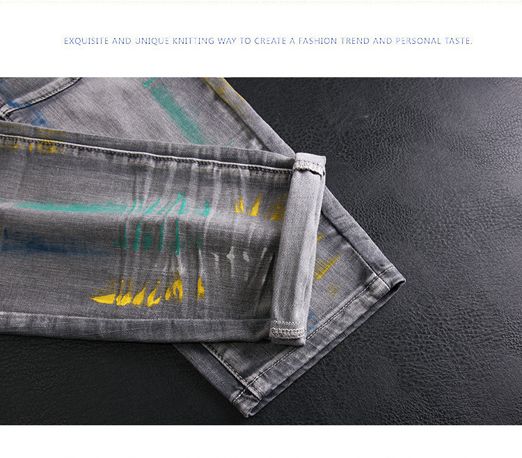 Men’s Slim Fit Ripped Patchwork Jeans With Graffiti Print Retro_voghion.com