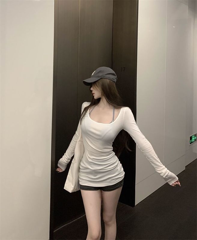 韩版紫色大领口正肩长袖T恤女秋季辣妹修身显瘦薄款休闲防晒上衣|undefined