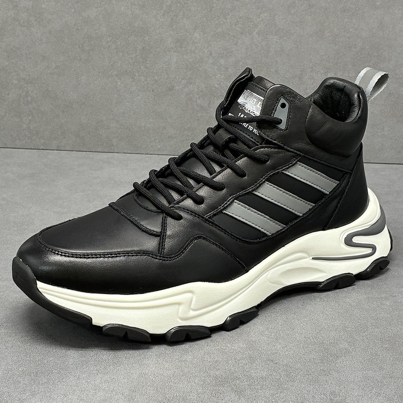 Men's Sports Shoes Winter New Style with Plush Lining, Thickened, Lightweight, Soft Sole, Fashionable Versatile High-Top Casual Sneakers, Genuine Leather, Warm