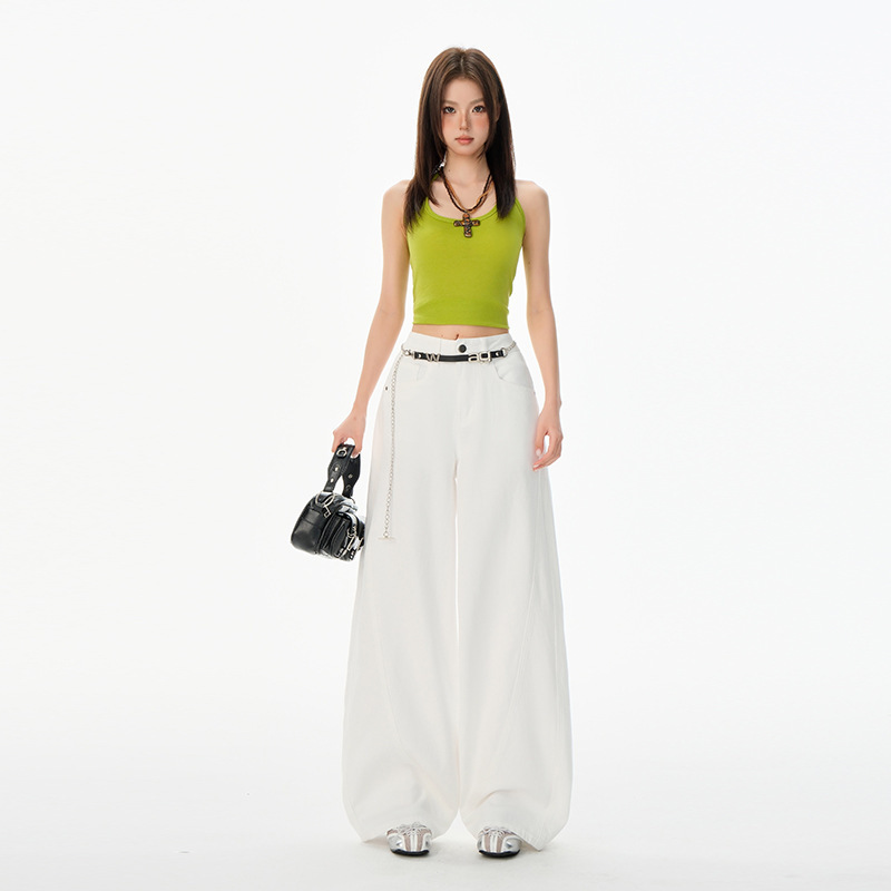 Orange Silk Women's Clothing # American Retro High-Waisted White Loose Wide-Leg Pants Summer Versatile Drapey Floor-Length Jeans