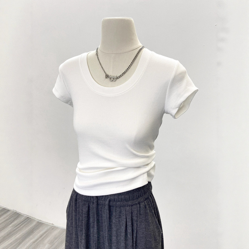 2025 New Summer Style Right Shoulder U-Neck T-Shirt for Women Korean Style Gentle Sexy Slim Ribbed Knitwear Versatile Short-Sleeved Top