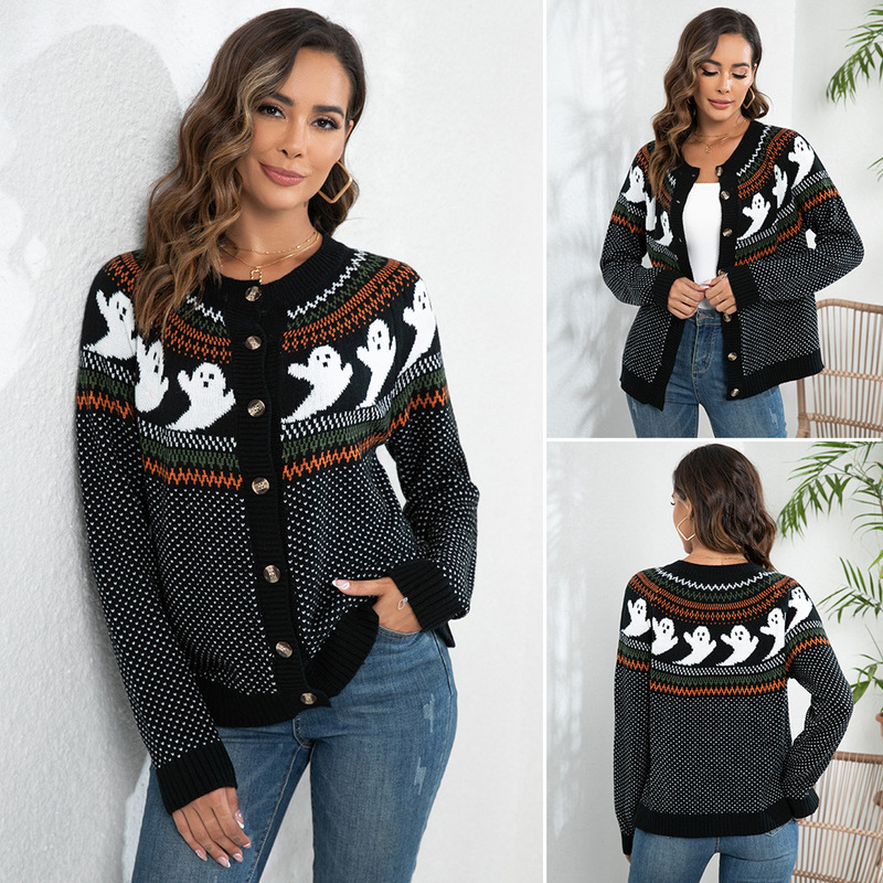 Popular Real shot Halloween ghost retro polka dot long sleeve knitted cardigan sweater women's loose European and American cross-border women's clothing Popular Real shot Halloween ghost retro polka dot long sleeve knitted cardigan sweater women's loose European and American cross-border women's clothing