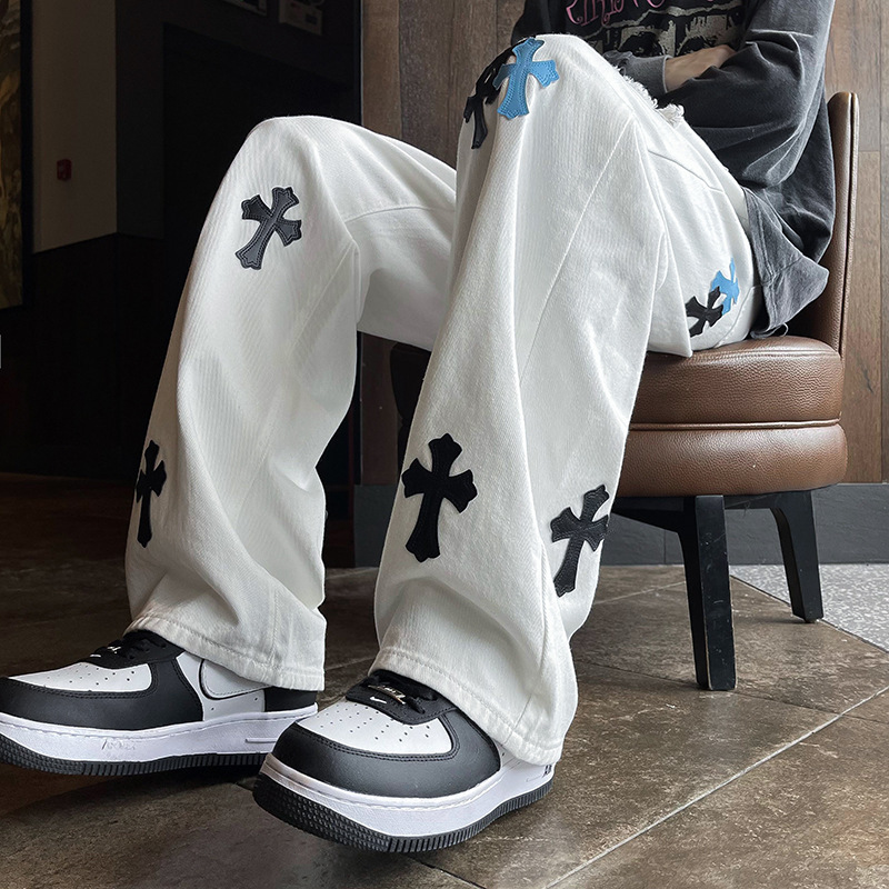 European and American Trendy Brand Ripped Jeans for Men, Street Style, Hip-Hop, High Street, Cross Leather, Retro White Pants for Men