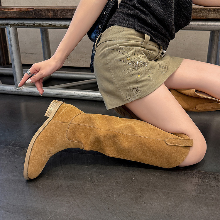 Fashion Western Cowboy Boots for Women, Chunky Heel Slimming V-Cut Riding Boots, Slip-On Square-Toe High Boots