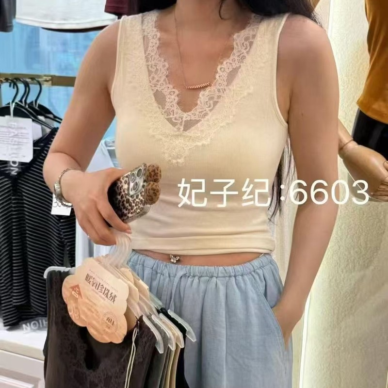 枫之欣6603秋冬新款V领蕾丝暖氧珍珠绒螺纹一体式固定杯吊带背心|undefined