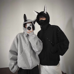 美式拼接铆钉杜宾犬耳朵连帽卫衣男女款秋季甜酷风设计感情侣外套