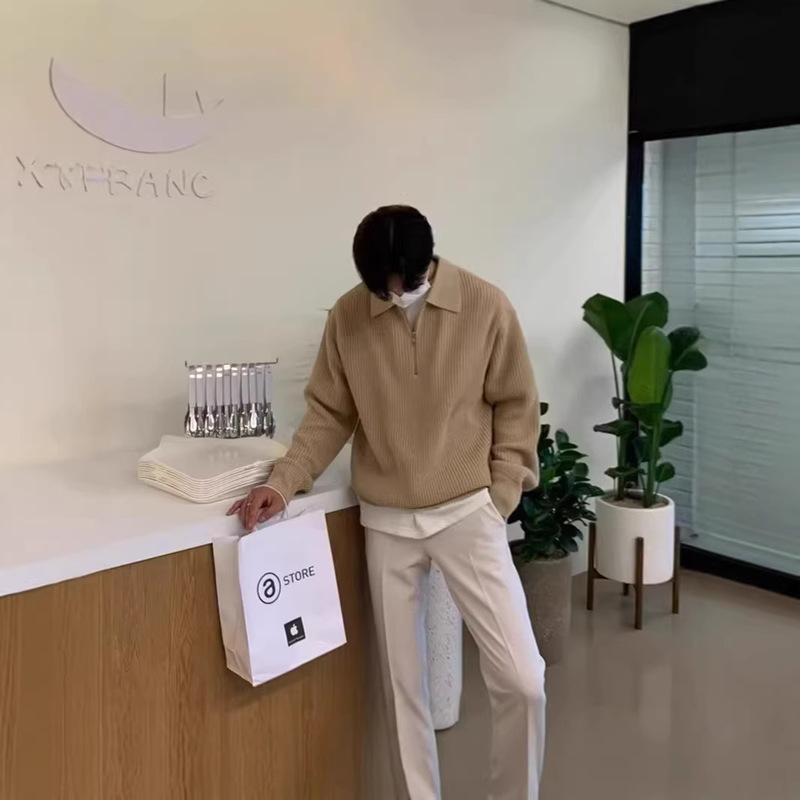 Autumn and Winter Lapel Half-Zip Sweater for Men, Retro Lazy Loose Casual Knitwear, Japanese Style High-End