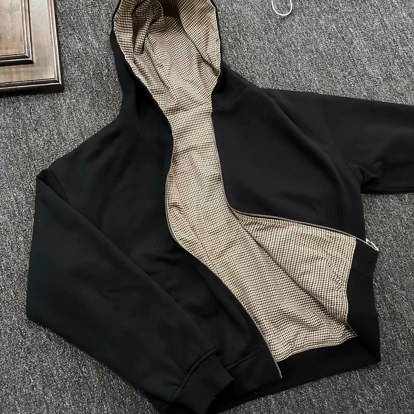 双面穿千鸟格拉链连帽卫衣男2025春秋季新款宽松复古帽衫外套上衣