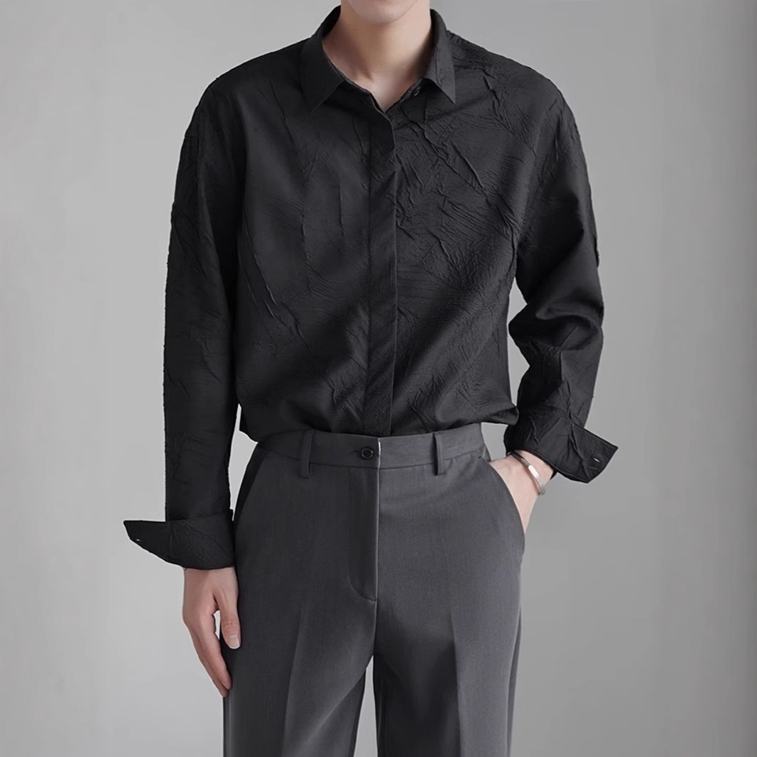 Abbigliamento uomo Camicia jacquard da uomo di ispirazione francese | Vestibilità comoda e oversize | Blusa minimalista di lusso aperta sul davanti per look casual ed eleganti_voghion.com