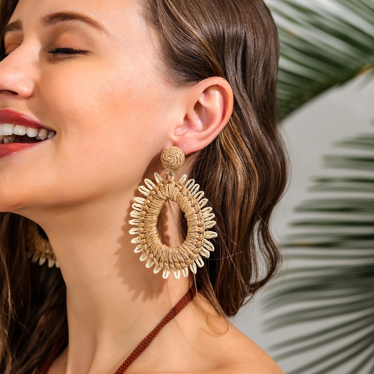 All Seasons Season 1 Pair Retro Flower Inlay Raffia Rhinestones Pearl Drop Earrings Ear Studs