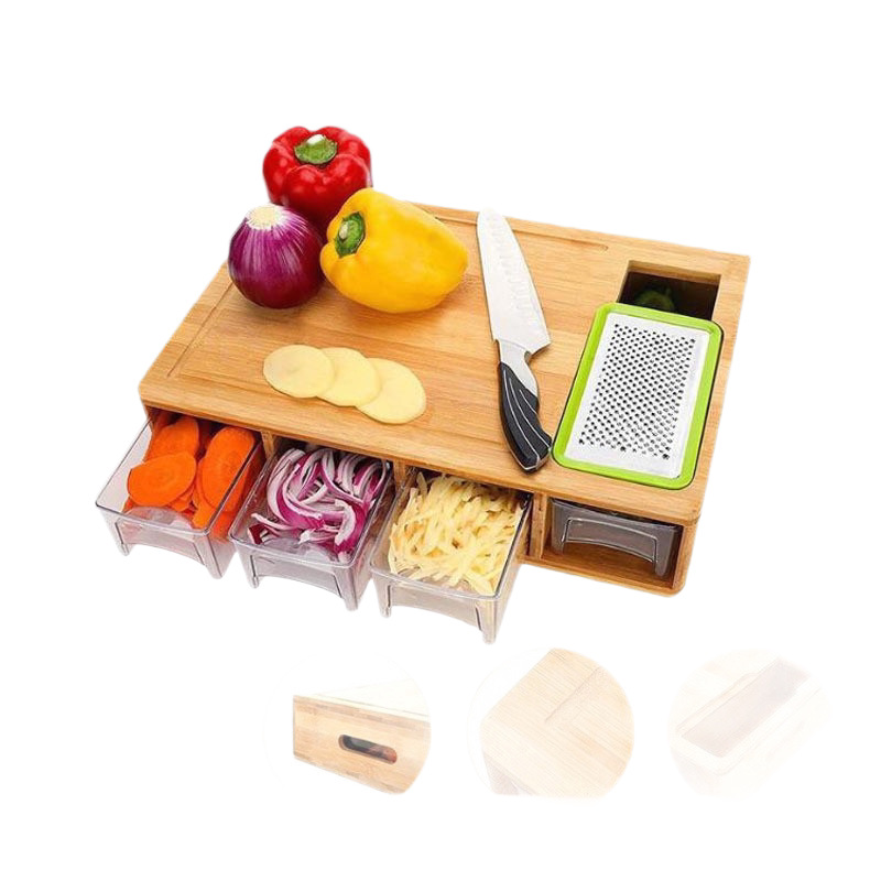 Placa de corte de vegetales de bambú en stock con cajón transparente para almacenar raspador de alambre cortador de cocina para la clasificación de platos domésticos