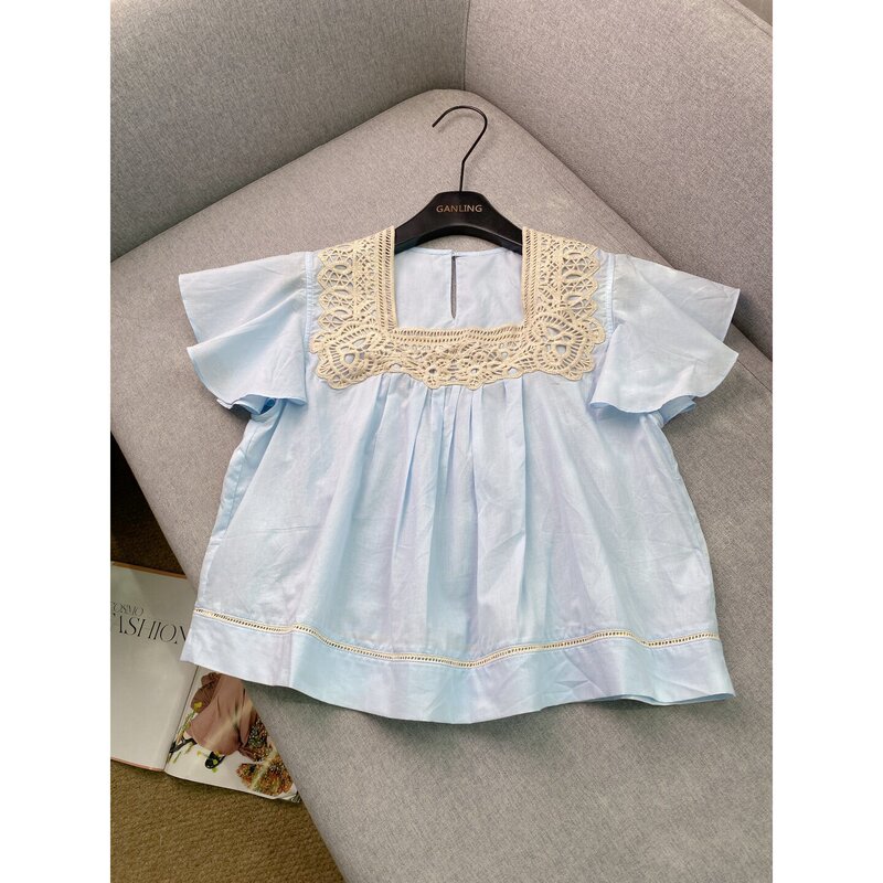 French Retro Style~Light Blue Square-Neck Lace Embroidered Shirt for Women, Summer Lightweight Loose-Fitting Top with Small Flutter Sleeves, Age-Reducing French Retro Style~Light Blue Square-Neck Lace Embroidered Shirt for Women, Summer Lightweight Loose-Fitting Top with Small Flutter Sleeves, Age-Reducing