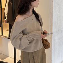 温柔风斜肩一字领灯笼袖针织衫女装2025韩系穿搭宽松别致小衫上衣