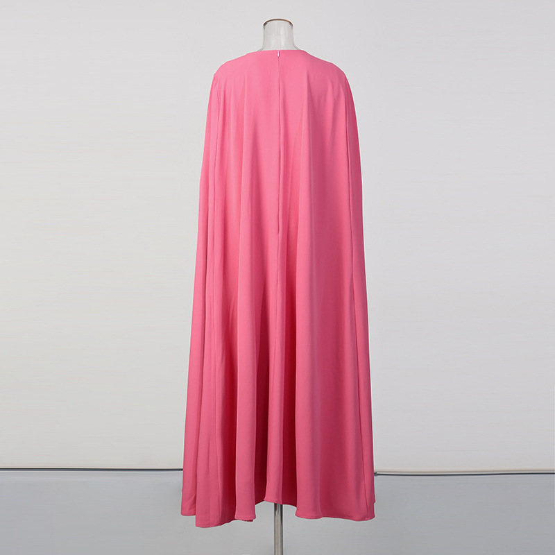 Elegant French-Style Cape Dress With Rhinestone Details - Flowy Batwing Sleeve Maxi Dress For Women, Soft Pink Pure Color Stretch_ecoleips.com