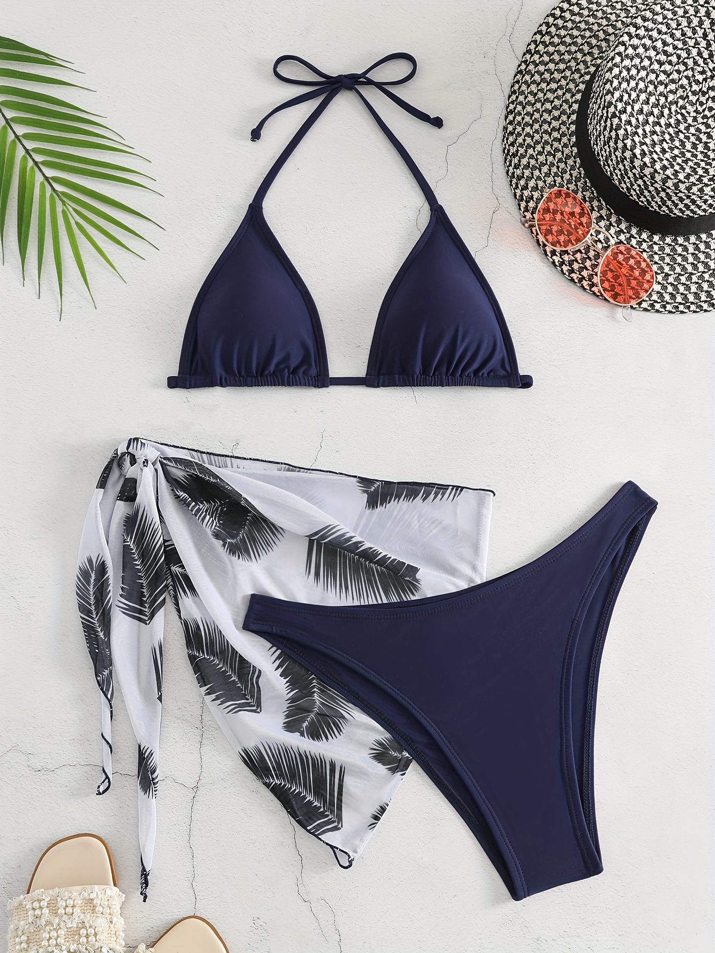 Nuevo traje de baño de tres piezas para mujer estilo bikini Halter color sólido bikini sexy gasa falda traje de baño