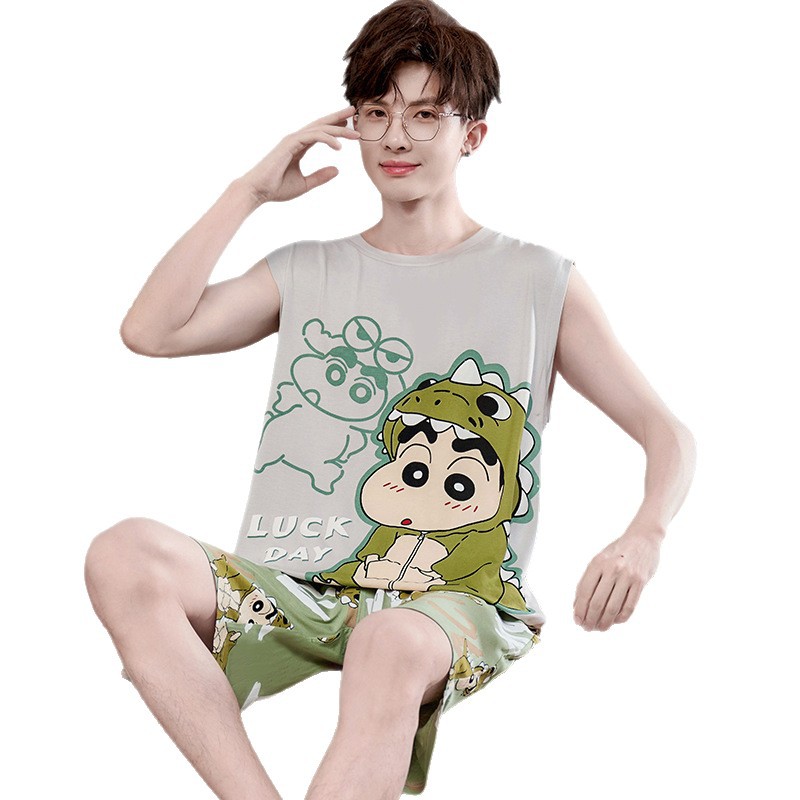Modal Pajamas Men's Summer Thin Vest Sleeveless Shorts suit Teenagers Summer Cartoon Home Clothes 5