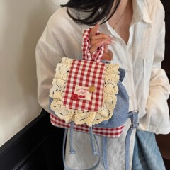 2025 新韓国甘いレースバックパック女性のファッショントレンディなデニムコントラストチェック柄スクールバッグ