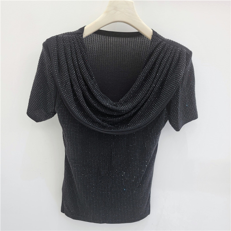 Ingeniería pesada caliente taladro camiseta de mangas cortas mujeres 2026 primavera y verano nuevo diseño un cuello plegado camiseta corta image 4