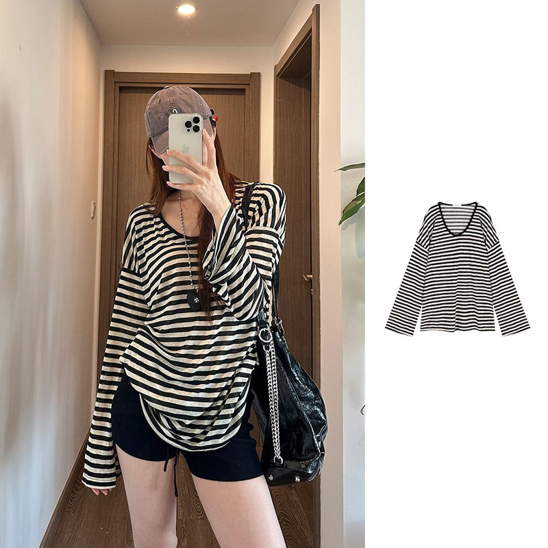 Craftsman's Cross-Border Lazy Style V-Neck Striped Long-Sleeve T-Shirt for Women 2025 Early Autumn New Loose Black and White Contrast Color Top