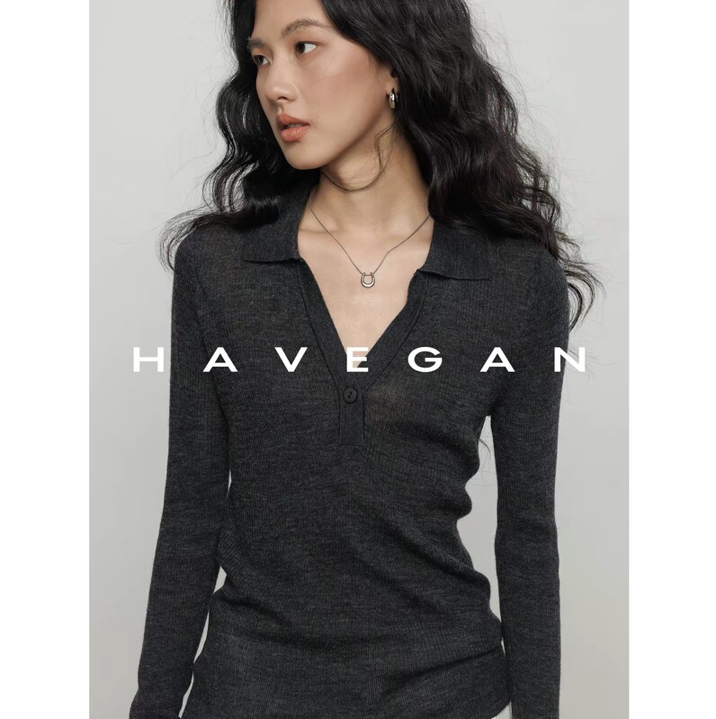 HAVEGAN/autumn lapel long-sleeve knit T-shirt for women, slim fit, with wool, old money style base layer top HAVEGAN/autumn lapel long-sleeve knit T-shirt for women, slim fit, with wool, old money style base layer top