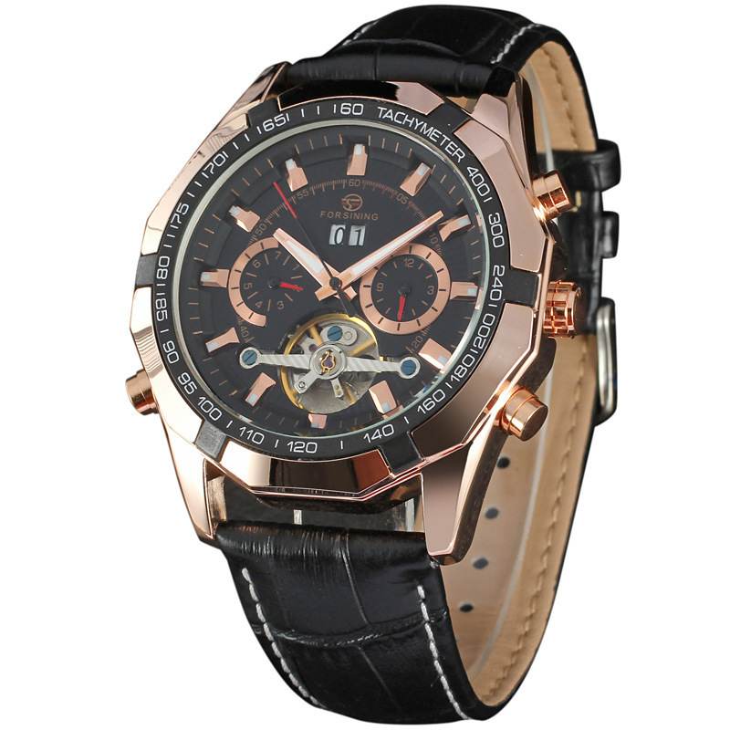 Forsining hombres moda casual gran dial Tourbillon reloj mecánico automático calendario semana reloj