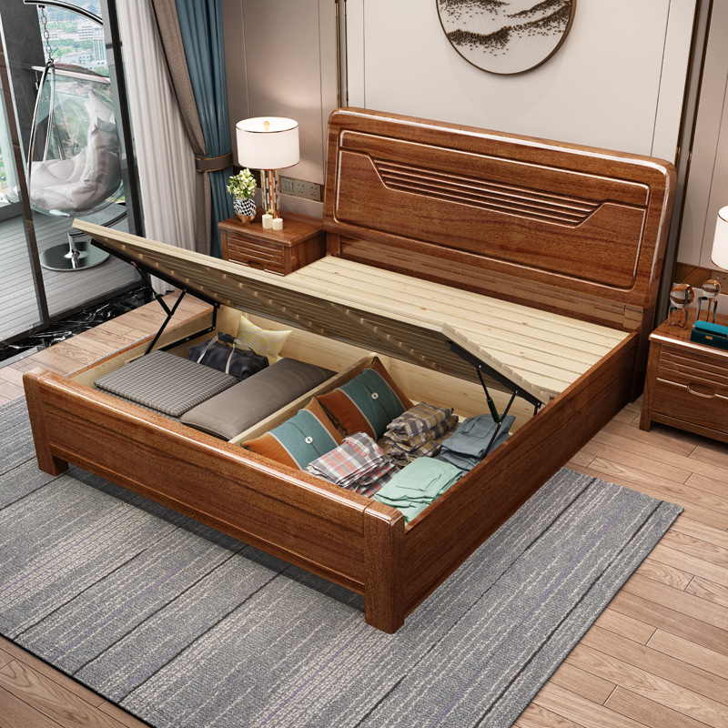 Nuevo chino cama de madera maciza 1,8 m cama doble moderno dormitorio principal cama de boda cama de nogal económica alta caja cama de almacenamiento