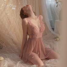 瑰若品牌舒适睡衣纯色网纱透视诱惑露背大码吊带裙家居服套装725