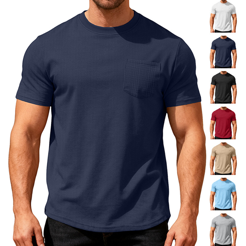 Ropa de hombre transfronteriza Europa y América de verano relajado con bolsillo transpirable de manga corta gran Waffle cuello redondo camiseta de hombre hombre