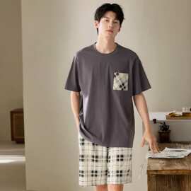 夏季新款爽棉男士短袖短裤套头睡衣时尚休闲男家居服